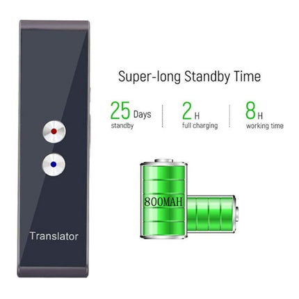 A dark gray rectangular translator device with two round buttons, shown next to marketing text reading 'Super-long Standby Time' and a green battery graphic labeled 800mAh.