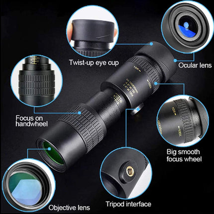 Monocular telescope with labeled parts on a dark background