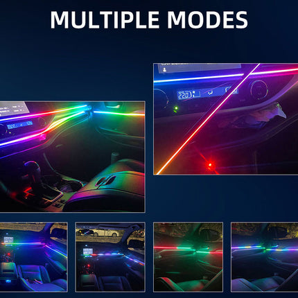 A promotional collage showing a car interior illuminated by multicolor LED ambient light strips in several different modes. The top text reads 'MULTIPLE MODES' on a dark blue background, with six inset photos demonstrating rainbow, pink, red, green, and blue lighting effects around the dashboard, center console, and door panels.