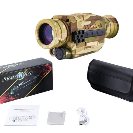 Camouflage night vision device with packaging, case, and accessories on a white background