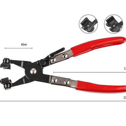 Red and black cable tie crimping tool with dimension markings showing 45mm, 130mm, and 220mm, plus two circular inset diagrams at the top showing the crimping action.