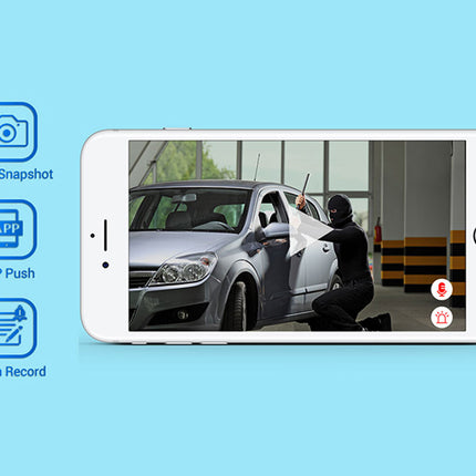 Phone screen showing a car with icons for alarm snapshot, app push, and app record on a blue background