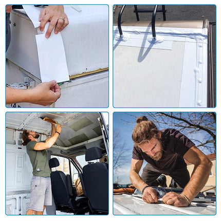 Collage of a person installing a solar panel on a vehicle roof.