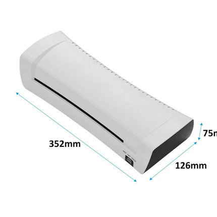 A white rectangular electronic device shown on a light gray background with blue dimension arrows and labels indicating 352mm length, 126mm width, and 75mm height.