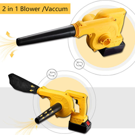 2-in-1 blower/vacuum tool with yellow and black design on a white background