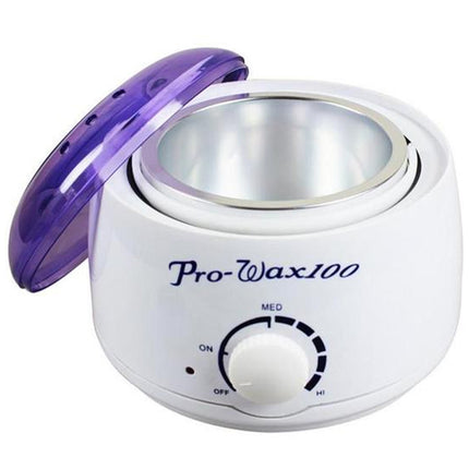 White wax warmer with purple lid labeled 'Pro-Wax100' on a white background