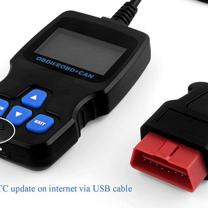 Autopmix OBD/EOB+CAN diagnostic scanner device with blue buttons, a black display screen, and a red-and-black OBD connector, shown on a white background with a USB port callout and blue text reading 'Free DTC update on internet via USB cable'.