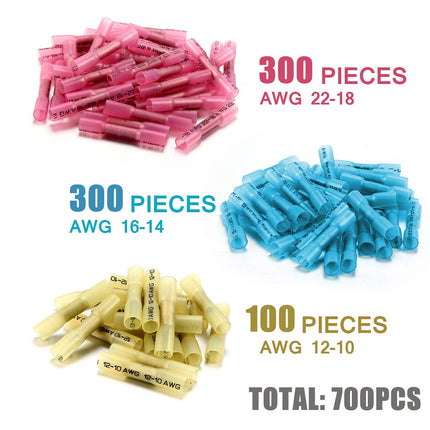 Three piles of wire connectors on a white background: pink 300 pieces AWG 22-18, blue 300 pieces AWG 16-14, and yellow 100 pieces AWG 12-10, with a total of 700 pieces noted.