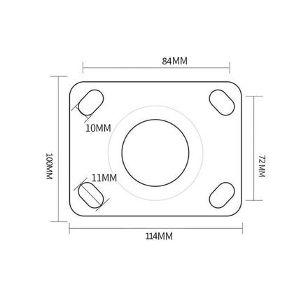 Technical dimension diagram of a square metal mounting plate with a circular center hole and four screw holes, showing measurements of 84mm, 72mm, 100mm, 114mm, 10mm, and 11mm on a white background.