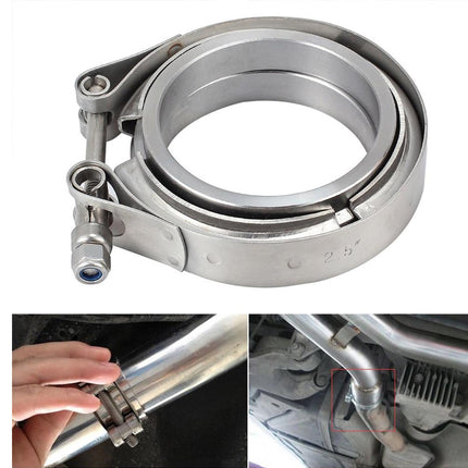 Metallic clamp with close-up and installation examples on a white background