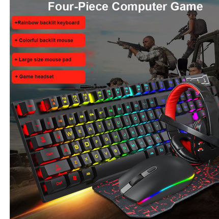 Gaming keyboard, mouse, and headset with RGB lighting on a dark background