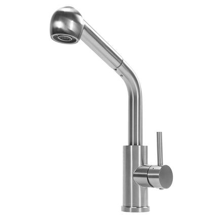 Stainless steel kitchen faucet with spray head on a white background
