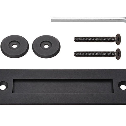 Black door handle assembly with washers, screws, and a wrench on a white background