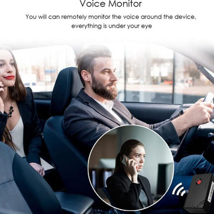 Person using a voice monitor device in a car with a close-up of the device.