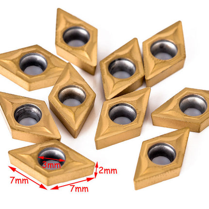 Set of metal cutting inserts with dimensions labeled on a white background