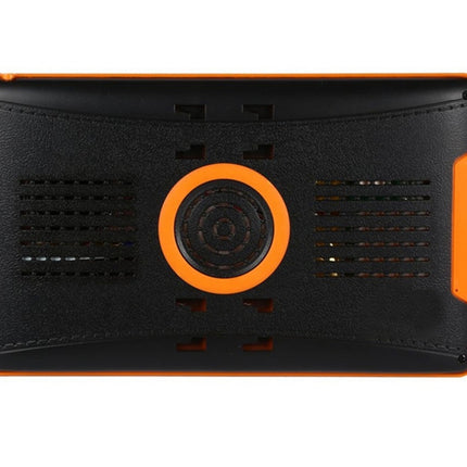 Back view of a black and orange electronic device on a white background