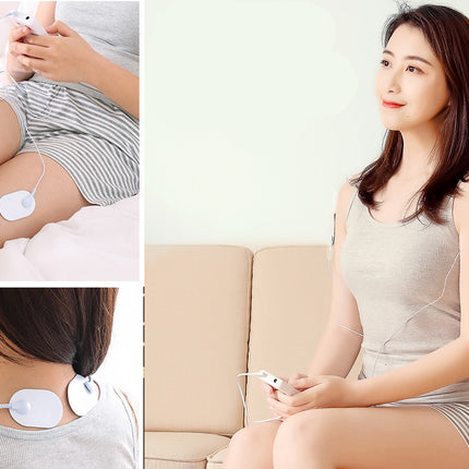 A collage showing a woman demonstrating an electric muscle stimulator TENS unit. The main panel on the right shows her sitting on a beige sofa with electrodes on her upper arm and neck, holding a handheld controller.