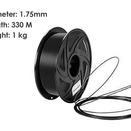 Spool of black filament with specifications on a white background