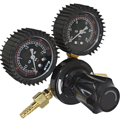 Two gas pressure regulators with gauges on a white background