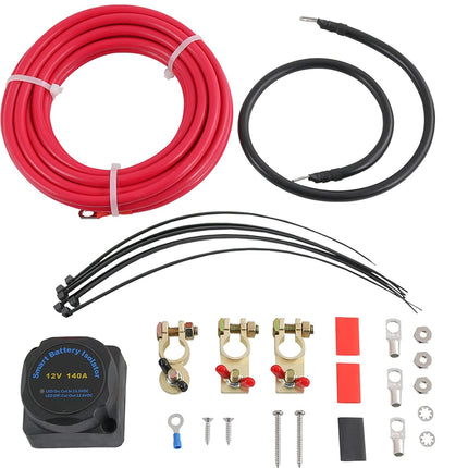 Wiring kit with red and black cables, fuses, connectors, and a fan on a white background
