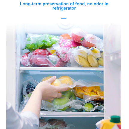 Refrigerator with food items in clear bags, labeled for long-term preservation and odor control.