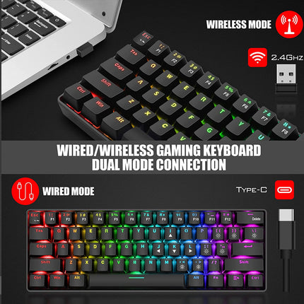 Promotional graphic for a wireless and wired gaming keyboard. The top half shows the keyboard wired to a laptop in wireless mode, with text indicating Bluetooth 2.