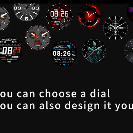 Various watch face designs on a dark background with text 'You can choose a dial, You can also design it yourself'.