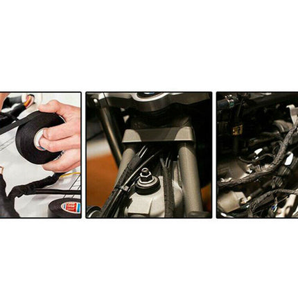 Three panel collage showing a person using a tool on a motorcycle, close-up of the tool, and detailed view of the motorcycle's engine.