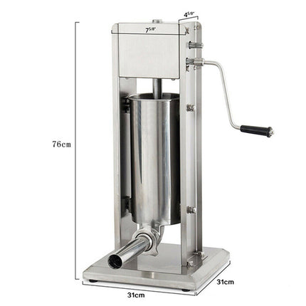 Stainless steel siphon meat grinder with dimensions on a white background