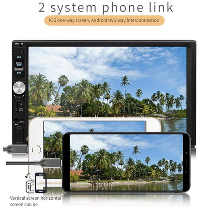 A car stereo head unit with a screen showing a tropical beach scene, displayed alongside two smartphones labeled as a 2-system phone link feature. The head unit has a black bezel with a silver rotary dial and various port icons on the left side.