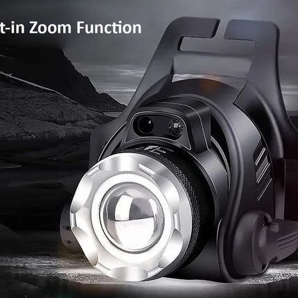 Headlamp with built-in zoom function on a dark background