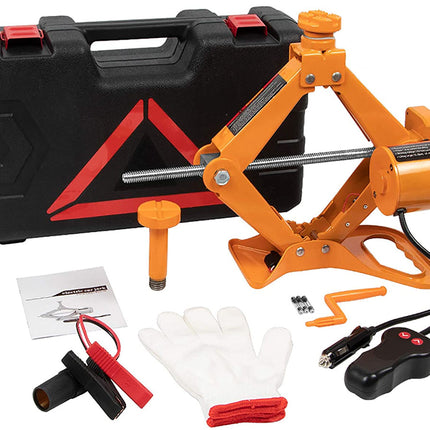 Car jack set with black carrying case, orange jack, gloves, and cables on a white background