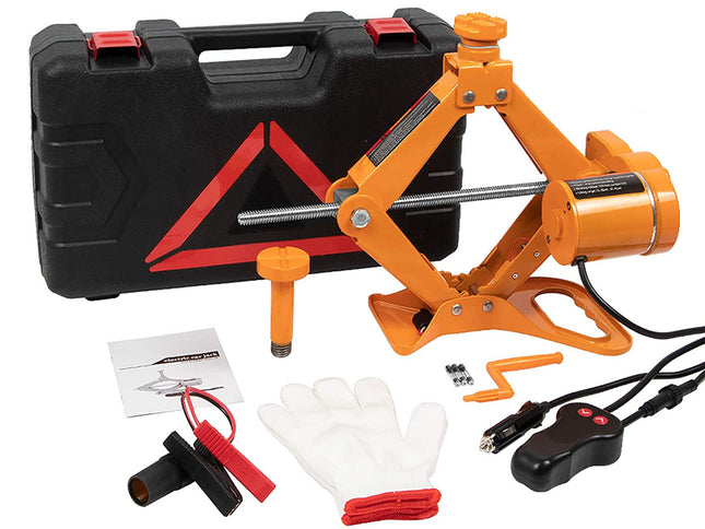 Car jack set with black carrying case, orange jack, gloves, and cables on a white background