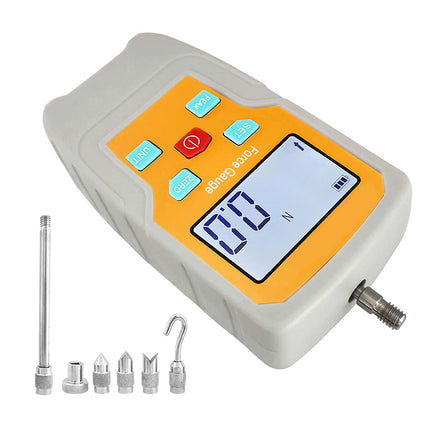 Digital pressure gauge with various nozzles on a white background