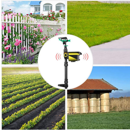 Garden sprinkler with images of a garden, grass, field, and barn.