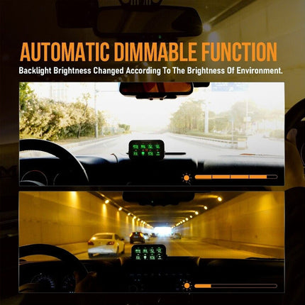 Car dashboard view with text about automatic dimmable function on an orange background