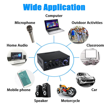 Audio equipment with applications listed around it on a white background