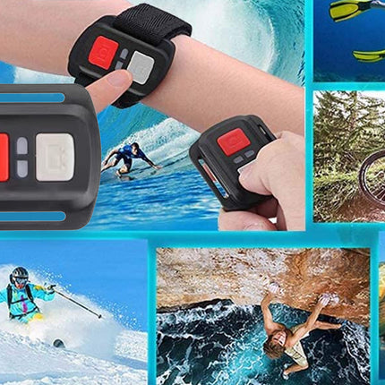 Collage of a wrist-mounted device with red and gray buttons, used in various outdoor activities.