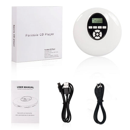 A portable CD player set shown on a white background, including a white round CD player with a small digital display, its white retail box, a user manual, and two black cables.