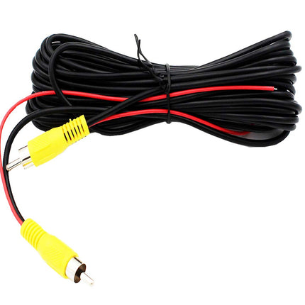 Car audio cable with black and red wires and yellow connectors on a white background
