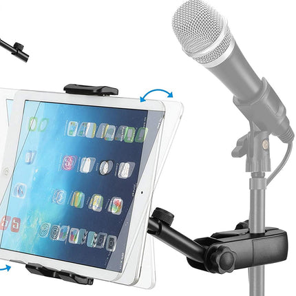 Tablet on a stand with a smartphone and microphone attached, on a white background
