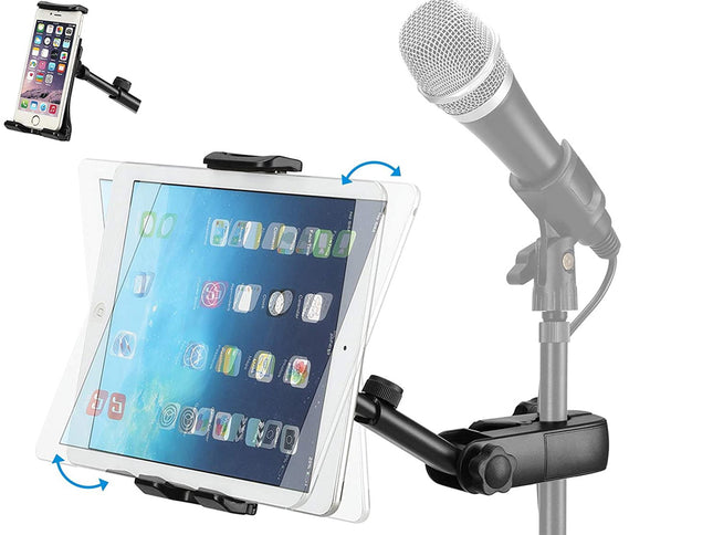 Tablet on a stand with a smartphone and microphone attached, on a white background