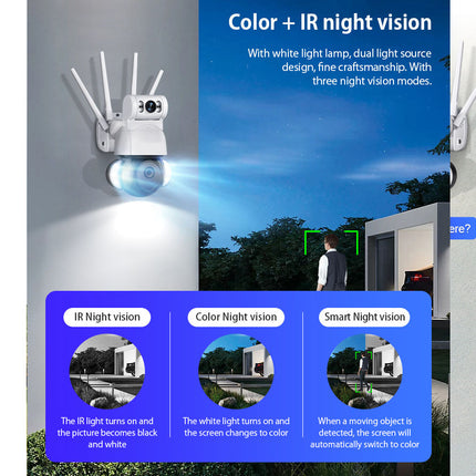 Outdoor security camera with night vision features displayed on a gray background