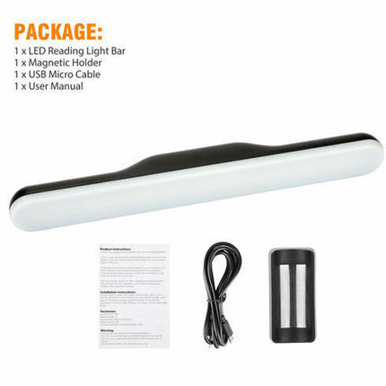 LED reading light bar with magnetic holder, USB cable, and user manual on a white background