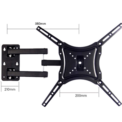 Black TV mount with dimensions on a white background