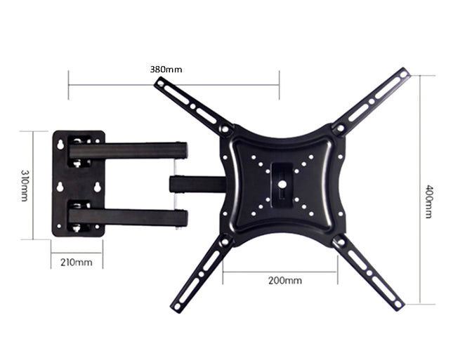 Black TV mount with dimensions on a white background