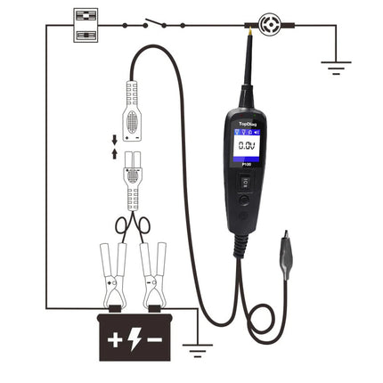 Digital multimeter with probes connected to a circuit diagram on a white background