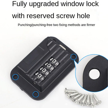 Black window lock with digital keypad and screws on a white background
