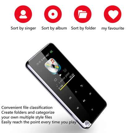 A portable digital audio player with a glossy black screen and silver metallic edges, shown at an angle on a white background. Above it are four red circular icons with text reading 'Sort by singer', 'Sort by album', 'Sort by folder', and 'my favourite'.