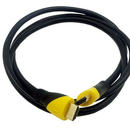 HDMI cable with black and yellow connectors on a white background
